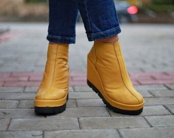 Yellow Leather Platform Ankle Boots: Women's Winter Shoes - Etsy