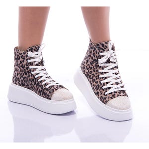 Leopard Print Leather High-Top Sneakers: Platform Lace-Up Shoes
