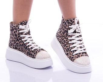 Leopard Print Leather High-Top Sneakers: Platform Lace-Up Shoes