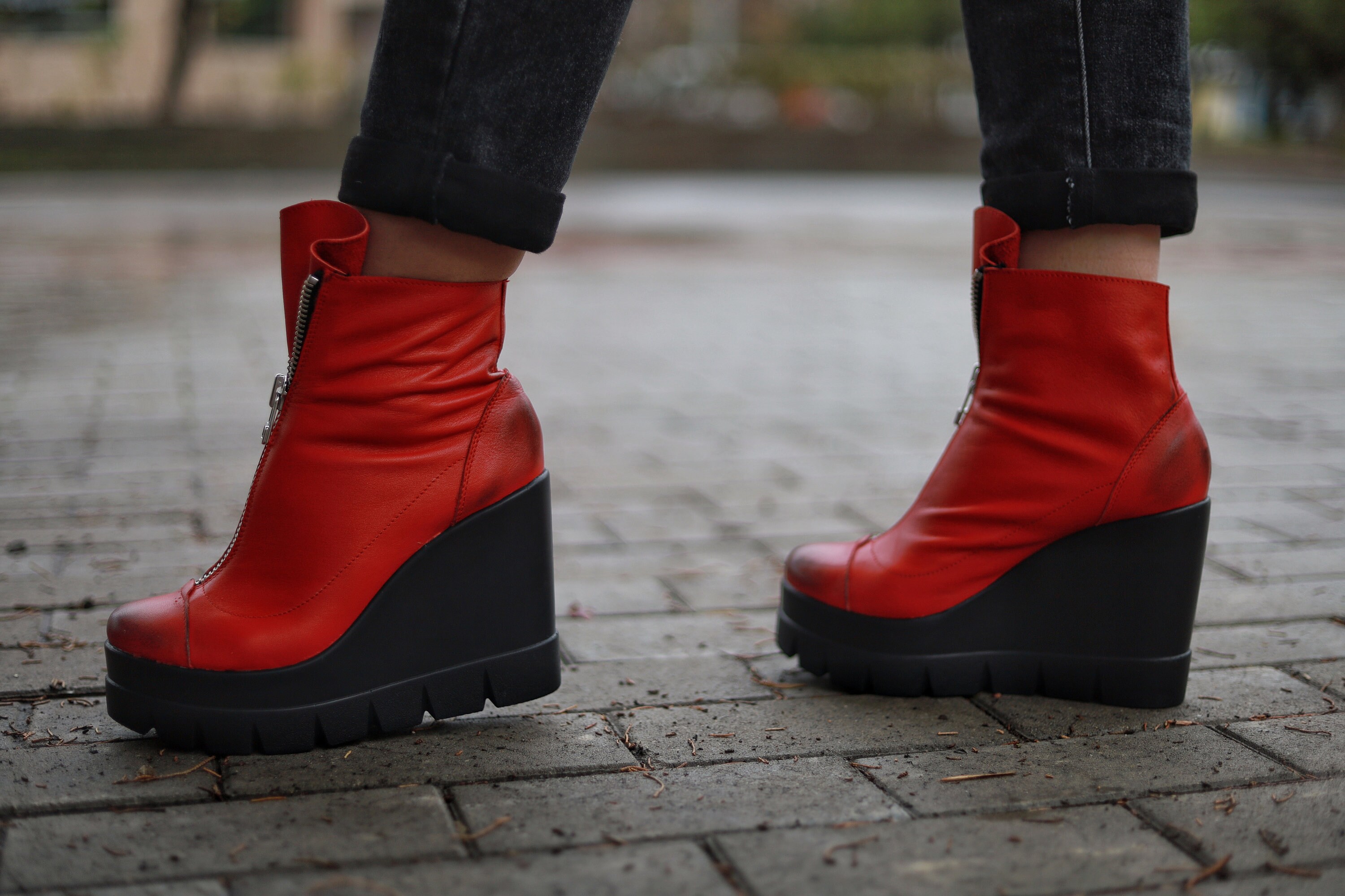 Red Leather Platform Ankle Boots: Zipper Winter Grunge Shoes