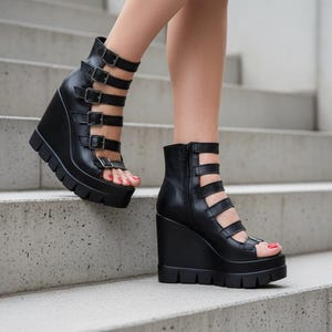 Black Leather Gladiator Wedge Sandals – Platform Open-Toe Shoes with Buckles – Statement Summer Footwear
