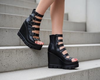 Black Leather Gladiator Wedge Sandals – Platform Open-Toe Shoes with Buckles – Statement Summer Footwear