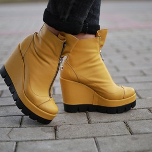Wintergele laarzen voor dames, leren schoenen met plateauzool, elegante enkellaarsjes dames echt lederen elegante enkellaarsjes, gele witter grunge punkschoenen met ritssluiting