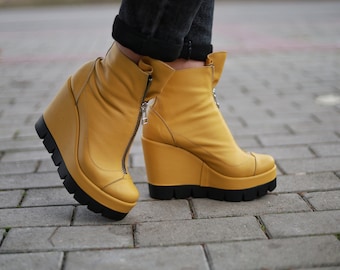 Winter Yellow Boots for Women, High Platform Leather Shoes, Woman Genuine Leather Elegant Ankle Boots,Zipper Yellow Wimter Grunge Punk Shoes