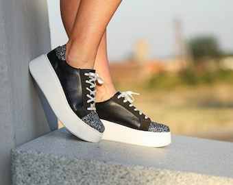 Black Leather Platform Sneakers: Silver Accent Casual Shoes