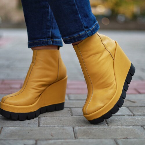 Yellow Leather Platform Ankle Boots: Women's Winter Shoes - Etsy