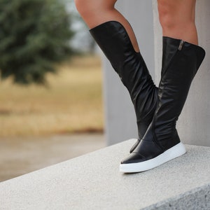 High Black Women&#39;s Leather Sneakers Boots, Leather Sneakers for Women, Genuine Leather  Shoes, Black Genuine Leather Sneakers Boots
