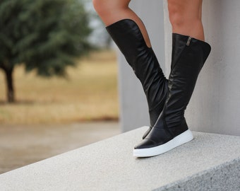 High Top Black Leather Sneaker Boots - Women's Genuine Leather Shoes