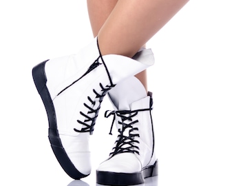 White Leather Platform Sneaker Boots: Women's Gothic Fashion Shoes