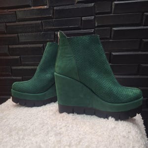 Green Suede Wedge Ankle Boots, Handmade Leather Platform Boots, Perforated Leather Chunky Heel, Unique Green Fashion Boots