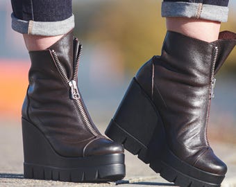 Dark Brown Leather Platform Ankle Boots: Winter Grunge Shoes