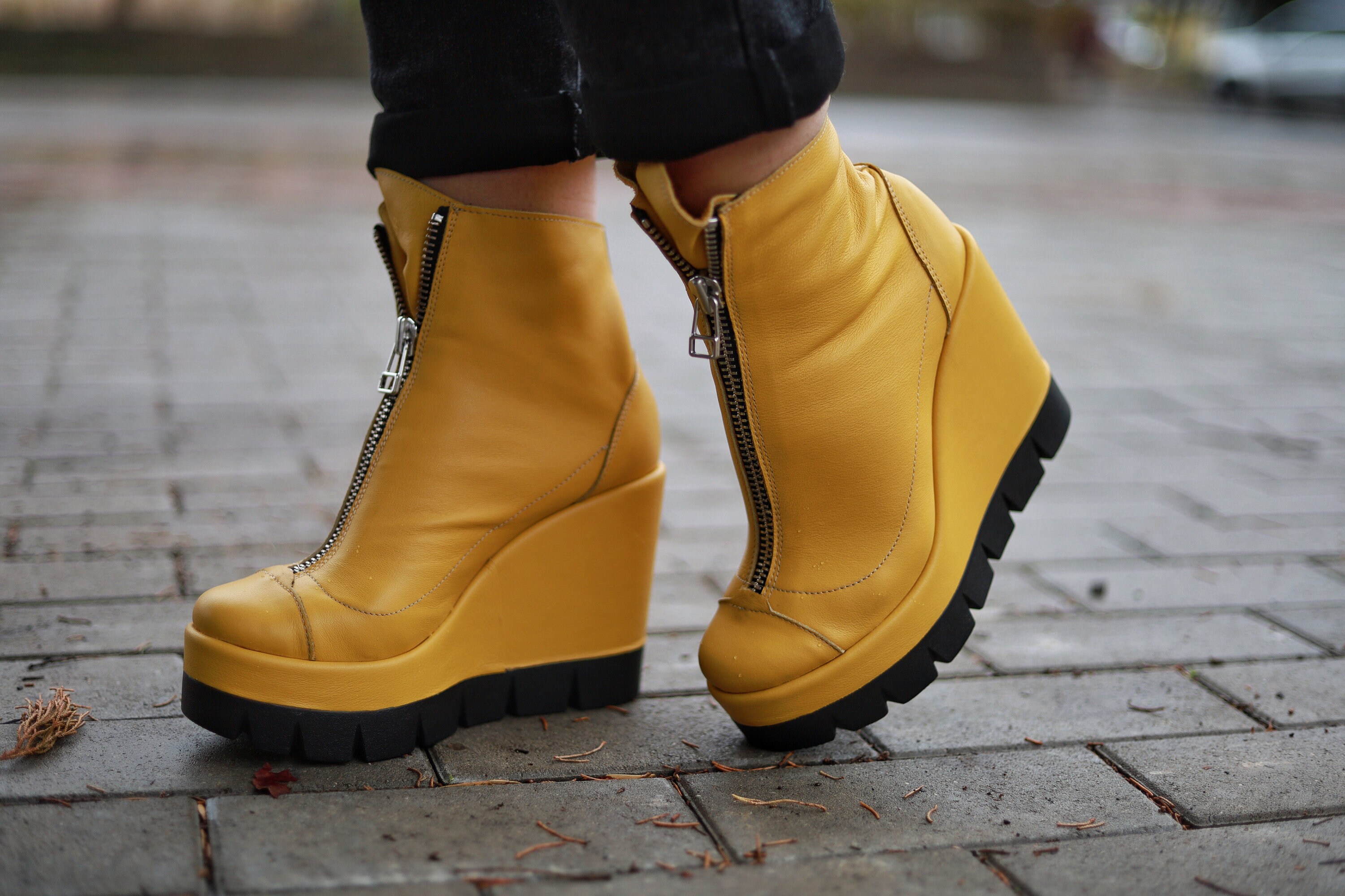 Yellow Leather Platform Ankle Boots: Women's Winter Shoes - Etsy