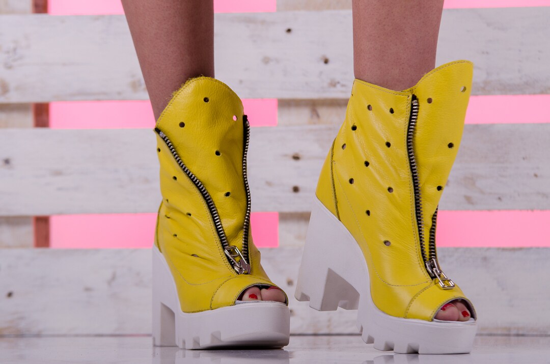 Yellow Leather Platform Sandals: Zipper Open Toe Ankle Boots - Etsy