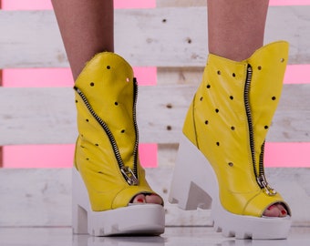 Yellow Leather Platform Sandals: Zipper Open Toe Ankle Boots - Etsy