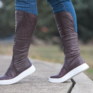 Brown genuine leather knee-high boots for women | Handmade boots with sporty sole | Comfortable and stylish everyday footwear