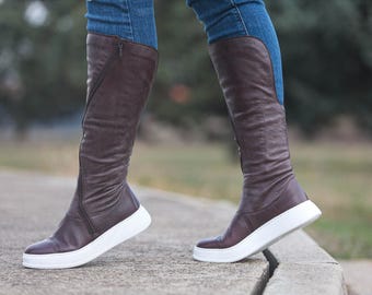 Handmade Brown Leather Knee-High Boots with Sporty Sole