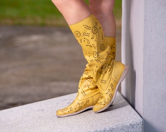 Perforated Leather Summer Boots: Handcrafted Yellow Gladiator Shoes