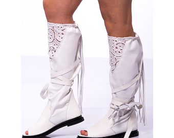 White Leather Lace-Up Knee-High Open-Toe Boots with Fringe