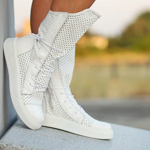 White Leather Ankle High Sneakers: Perforated Platform Boots