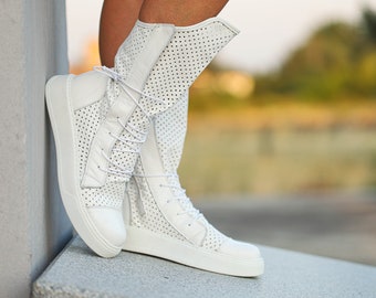 White leather sneakers, woman ankle high breakthable summer sport shoes, platform fashion spring shoes, women leather sneakers boots