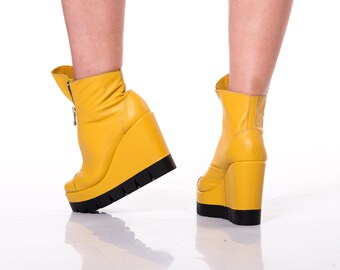 Yellow Leather Wedge Ankle Boots: Front Zipper Platform Shoes - Etsy