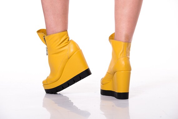 Yellow Leather Wedge Ankle Boots: Front Zipper Platform Shoes - Etsy