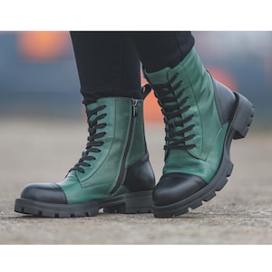 Genuine Leather Combat Boots for Women – Green & Black Lace-Up Ankle Boots with Side Zipper, Chunky Sole, Handmade Footwear