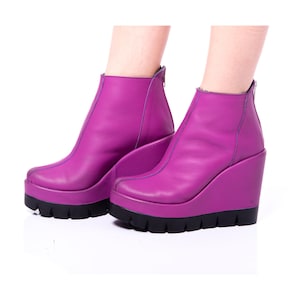 Purple Leather Wedge Boots, Handmade Platform Ankle Booties, Women&#39;s Chunky Sole Boots, Zipper Back Ankle Boots