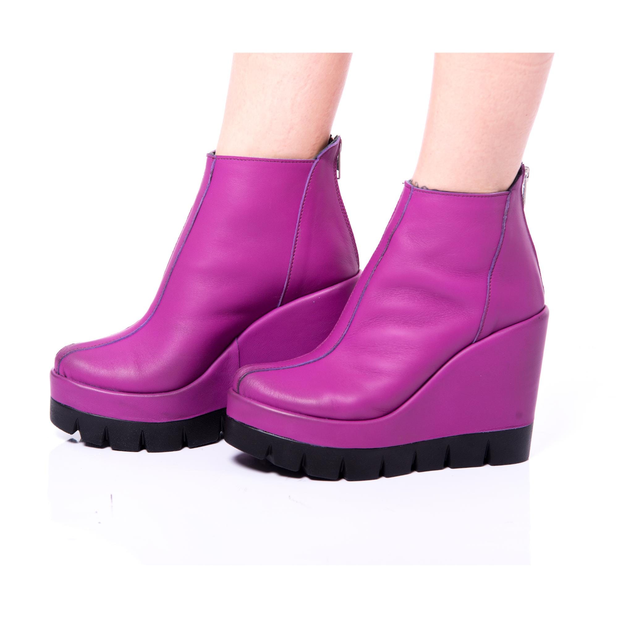 Handmade Purple Leather Wedge Ankle Boots: Chunky Platform Booties
