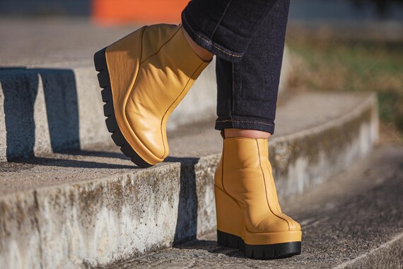 Yellow Leather Platform Wedge Boots: Grunge Punk Winter Ankle