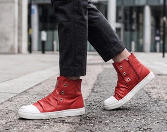 Red Leather High-Top Sneakers: Women's Platform Fashion Shoes
