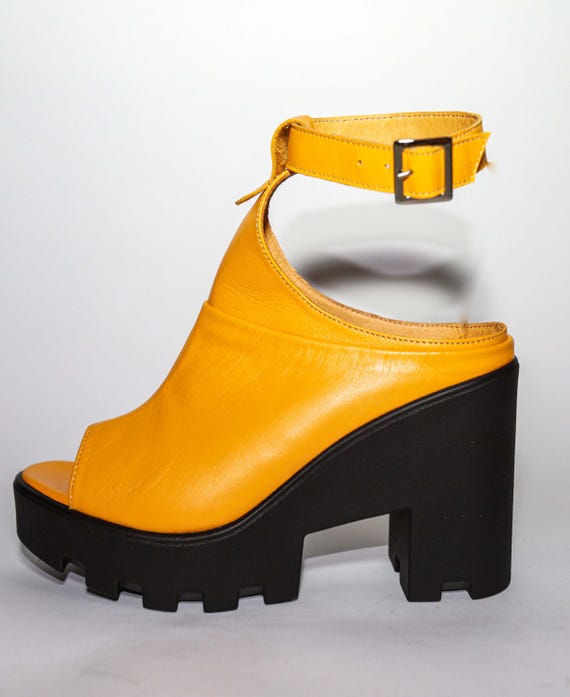 Yellow Summer Leather Women's Clog Sandals, Genuine Leather