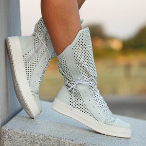 Off White Leather Sneaker Boots: Perforated High-Top Platform Shoes