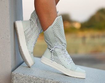 Off White Leather Sneaker Boots: Perforated High-Top Platform Shoes