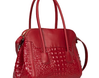 Sac à main en cuir rouge embossé croco : sac à main pour femme