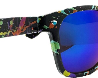 Carnivale - Black Frame - Blue Lense - Wayfarer Style Sunglasses - Hand Painted Splatter