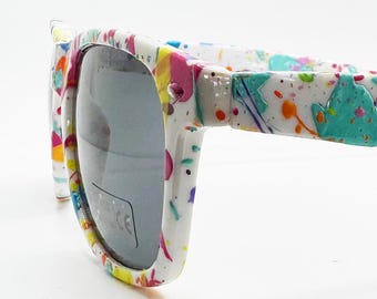 Carnivale - White Frame - Smokey Lense - Wayfarer Style Sunglasses - Hand Painted Splatter