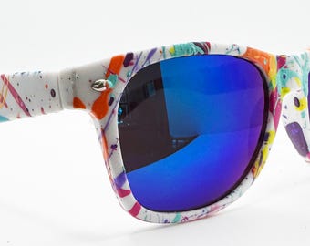 Carnivale - White Frame - Blue Lense - Wayfarer Style Sunglasses - Hand Painted Splatter