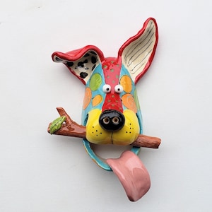 Handmade Ceramic Dog Face Wall Hanging: Red & Turquoise Art Mask