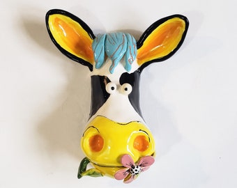 Cows, Cow Art, Ceramic Cow, Cow Face, Cow Sculpture, Cow Lover, Modern Cow Art, Kitchen Art, Cow Mask, Farm Art, cow with flower, SCOWFl