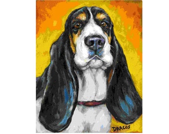 Basset Hound, Dogs, Dog Art, Basset Hound Portrait, Hound Dogs, Scent Hounds,  Dog Art Print of Original Painting by Dottie Dracos, 8x10"