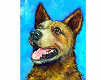 Australian Cattle Dog, Dog Art Print of Painting, Red Heeler, on Light Blue, working dog, dog paintings, dogs,  dogs, farm dog, 8x10"