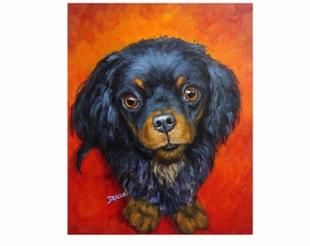 Cavalier King Charles Spaniel, Cav, Dog Art, Dogs, Cavalier King Charles Spaniel Art Print of Original Painting, Tricolor Cav on Blue, 8x10"