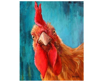 Rooster, Farm Birds, Art Print, Gold Rooster, roosters, chickens, kitchen art, rooster art, rooster painting, rooster print, 8x10"