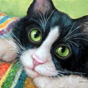 Tuxedo Cat Art Print from Original Painting by Dottie Dracos, Tuxedo Kitty Black and White Cat, 11x14 & Up Print