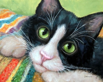 Tuxedo Cat Art Print from Original Painting by Dottie Dracos, Tuxedo Kitty Black and White Cat, 11x14 & Up Print