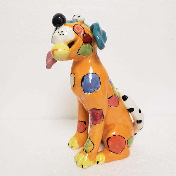 Handmade Ceramic Dog Sculpture: Turquoise Orange Figurine