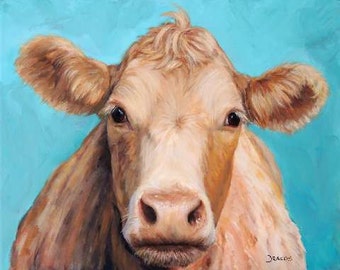 Guernsey Cow Art, Farm Animal Print, Cow Face on Turquoise, Original Painting by Dottie Dracos 8x10 Print