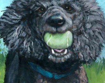 Poodle, Dog Art, Dottie Dracos, black poodle, poodle painting, tennis ball, dog and ball, dog art, poodle art, poodle with ball, 8x10" Print