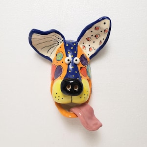 Handmade Ceramic Dog Wall Sculpture: Blue & Orange Art Mask